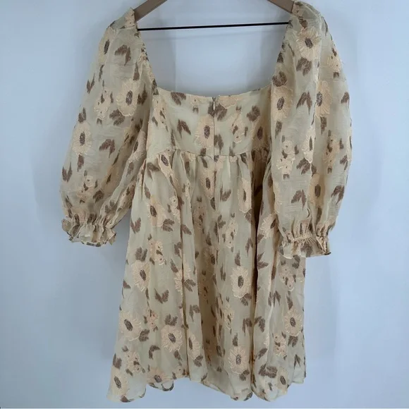 Storia Golden Floral Babydoll‎ Puff Sleeve Mini Dress Large Romantic Cottage NEW - Picture 9 of 16